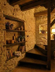 Scala interna in legno e nicchie in pietra dell'appartamento Campar